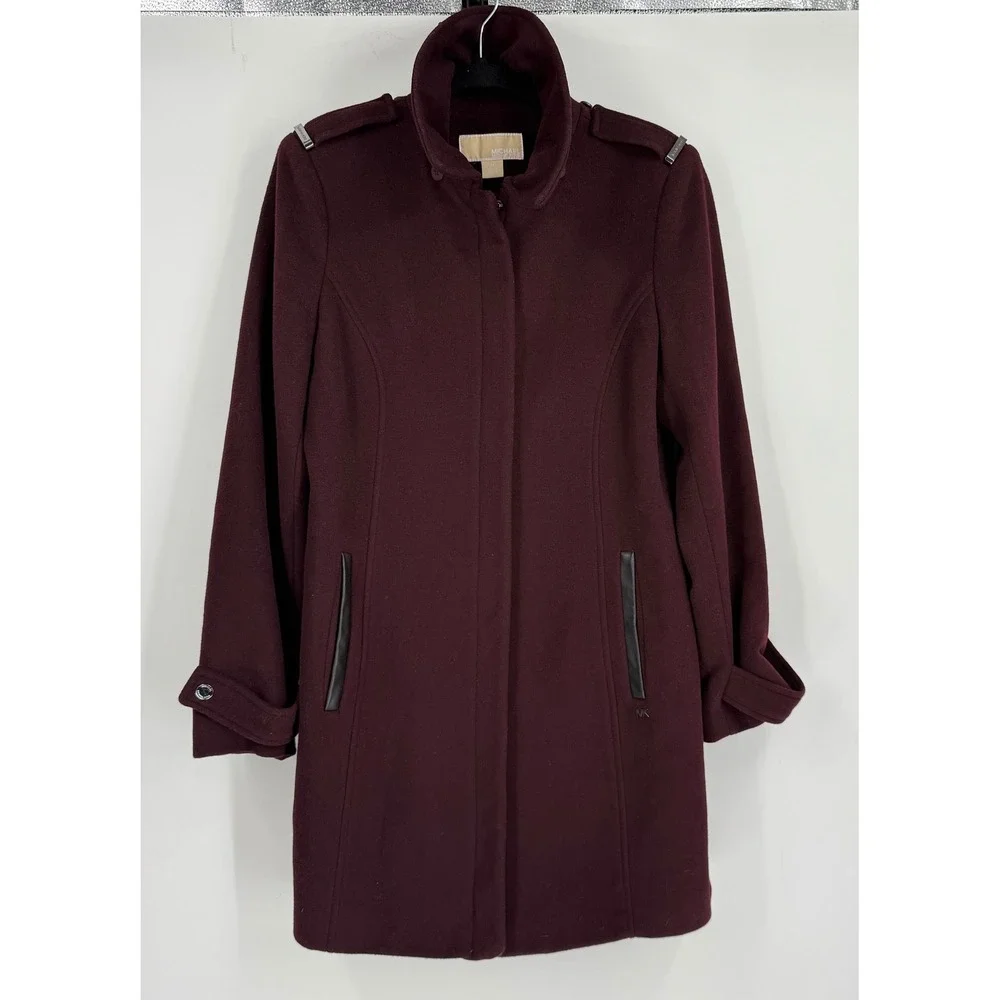 Michael Kors Womens Burgundy Wool Blend Funnel Neck Military Coat Medium RN79675